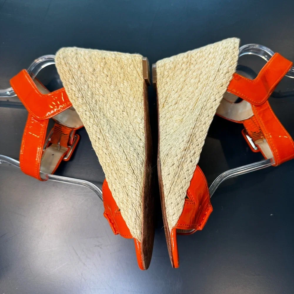 Diane von Furstenberg Women 9 M Orange Patent Leather Espadrille Wedge Sandals